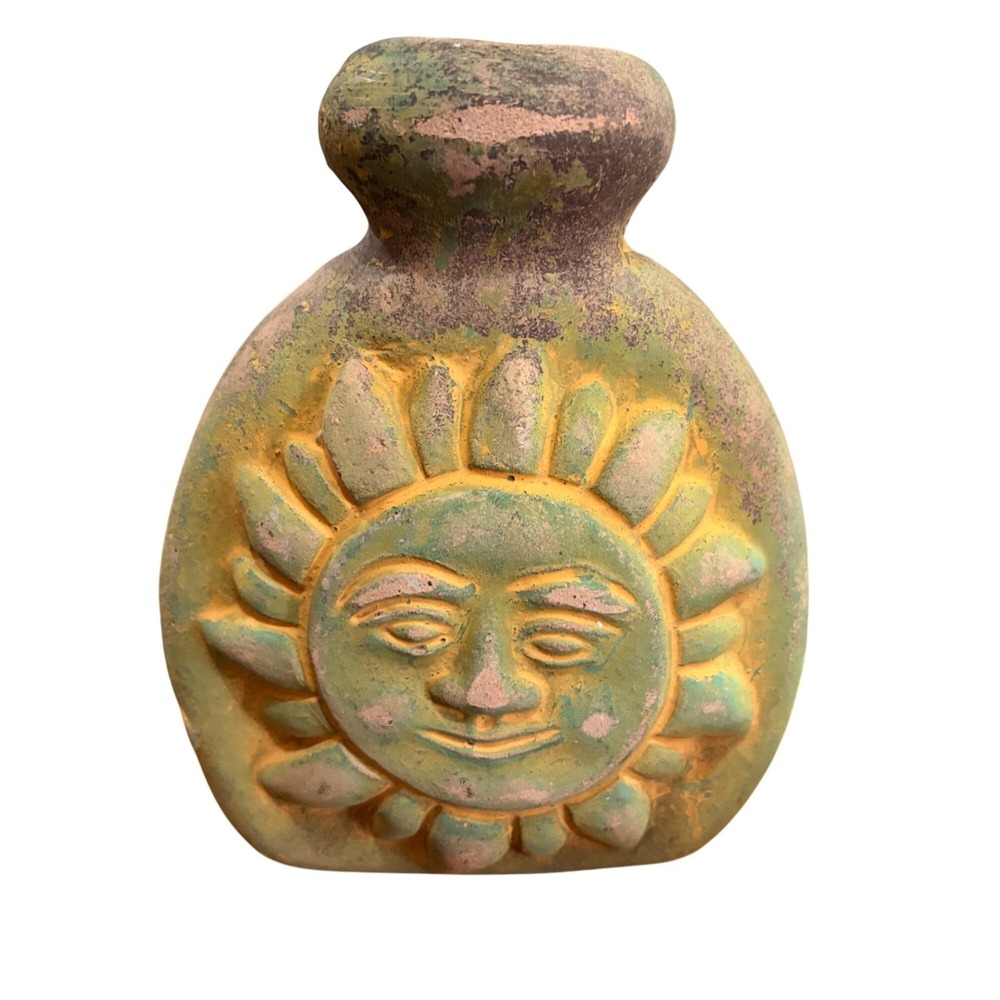Antique Style Clay Sun Face Water Bottle Carrier Vintage Terracotta Oil Flask 7"